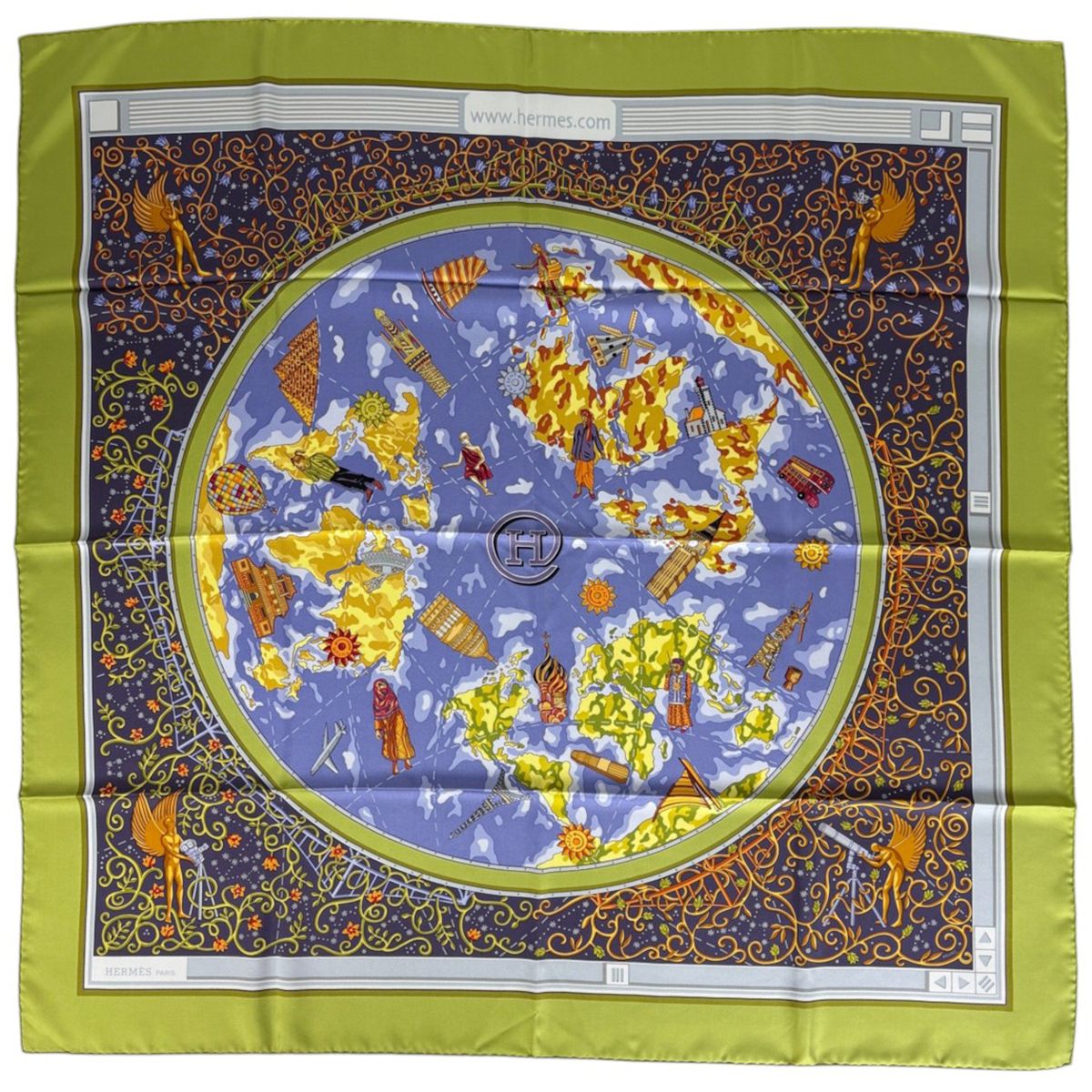 Hermes Carre 90 Scarf World Map Silk Green Multicolor