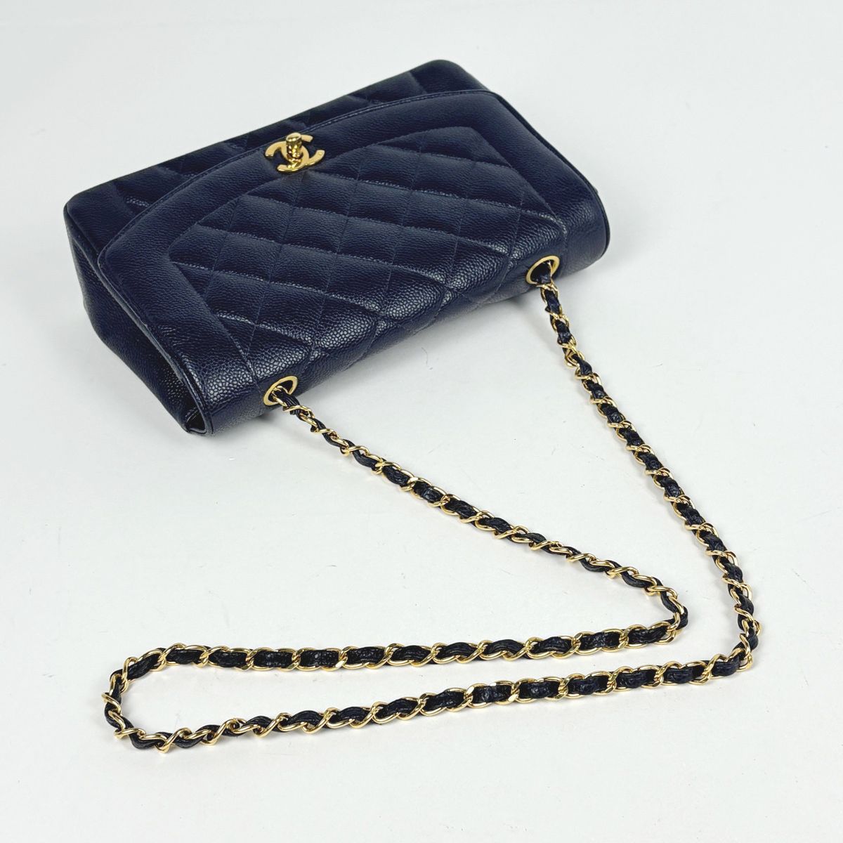 Chanel Diana Quilted Shoulder Bag CC Logo Single Flap Caviar Leather Navy — view 6