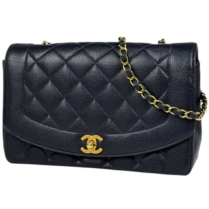 Chanel Diana Quilted Shoulder Bag CC Logo Single Flap Caviar Leather Navy
