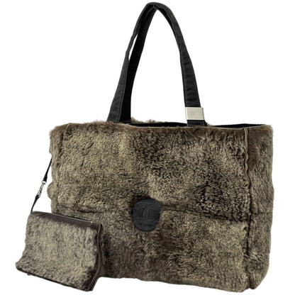 Chanel Handbag CC Logo Rabbit Fur Fabric Brown