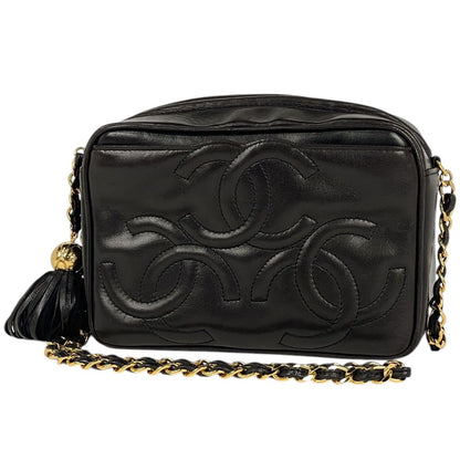 Chanel Shoulder Bag Triple CC Logo Fringe Leather Black