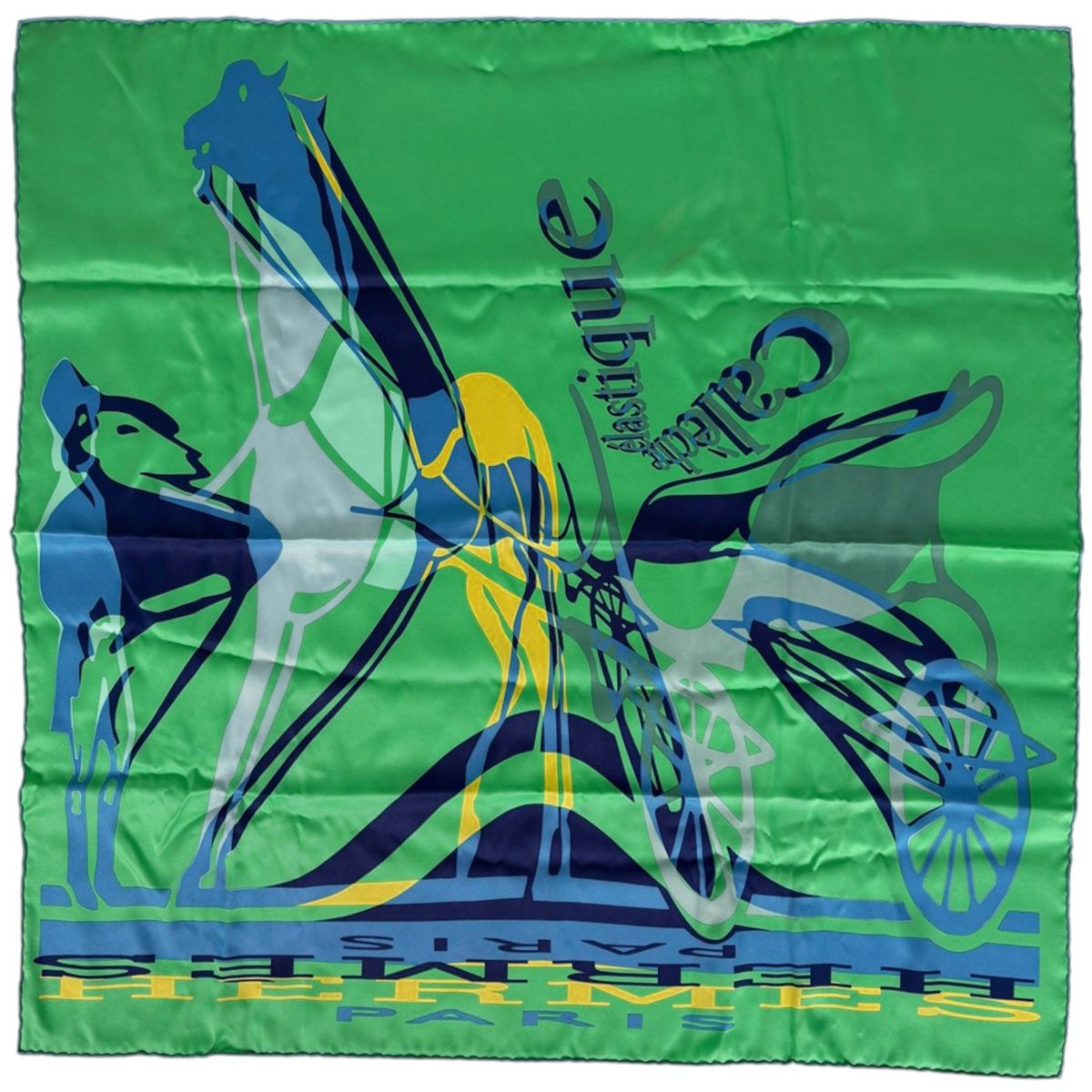 Hermes Carre 70 Caleche Elastique Scarf Silk Green Blue Yellow