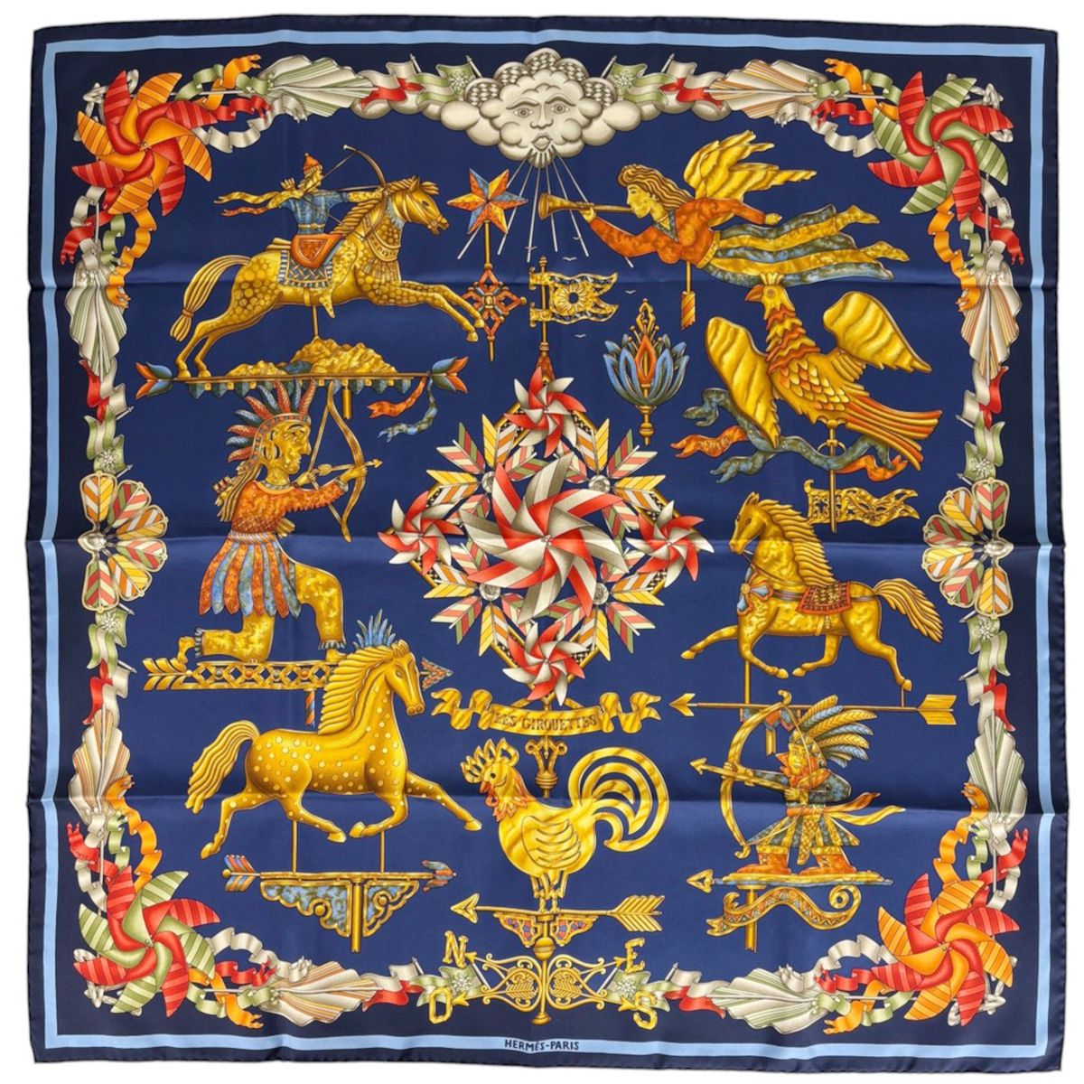 Hermes Carre 90 les Girouettes Scarf Wind Vane Silk Navy Multicolor