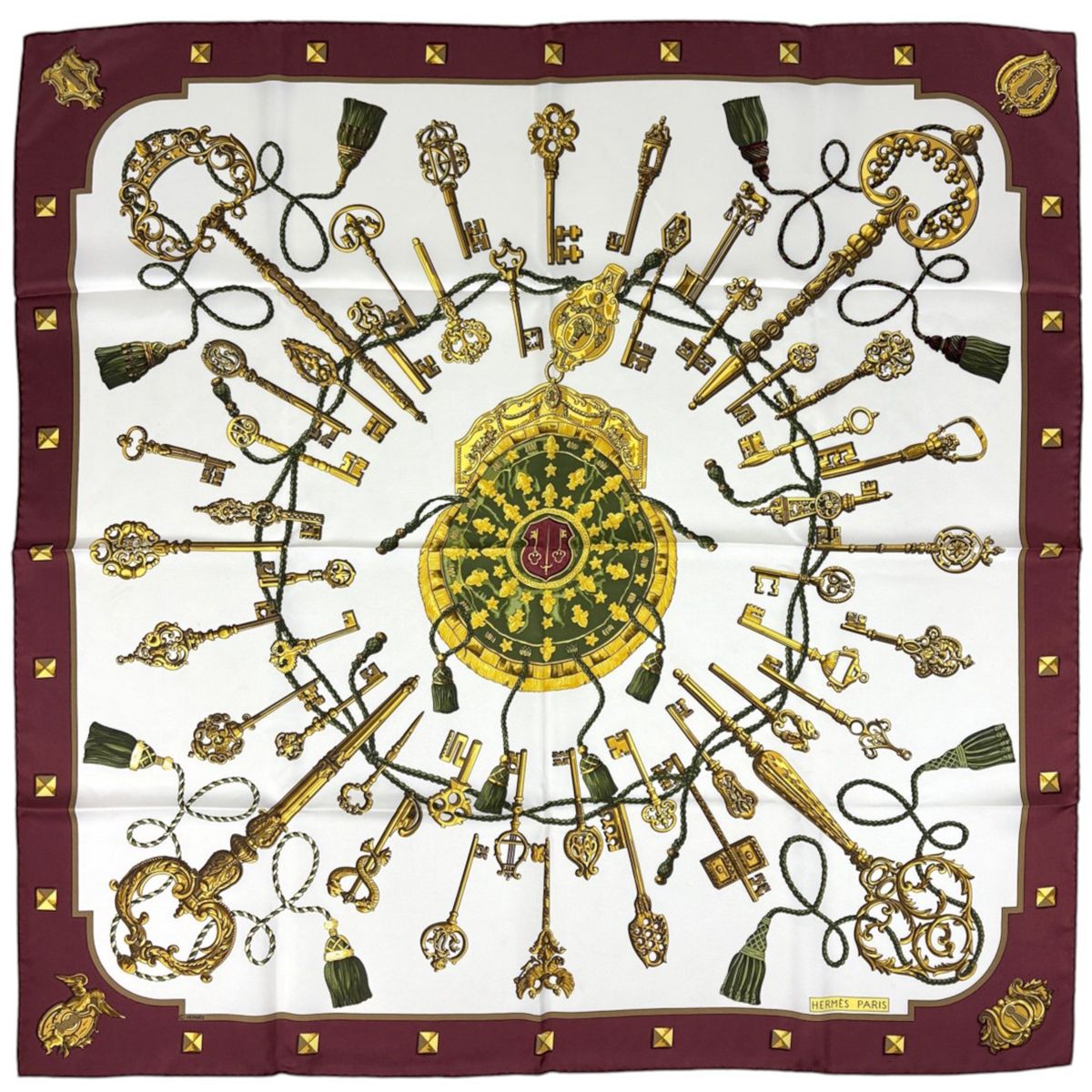 Hermes Carre 90 Key Pattern Scarf Silk Ivory Multicolor