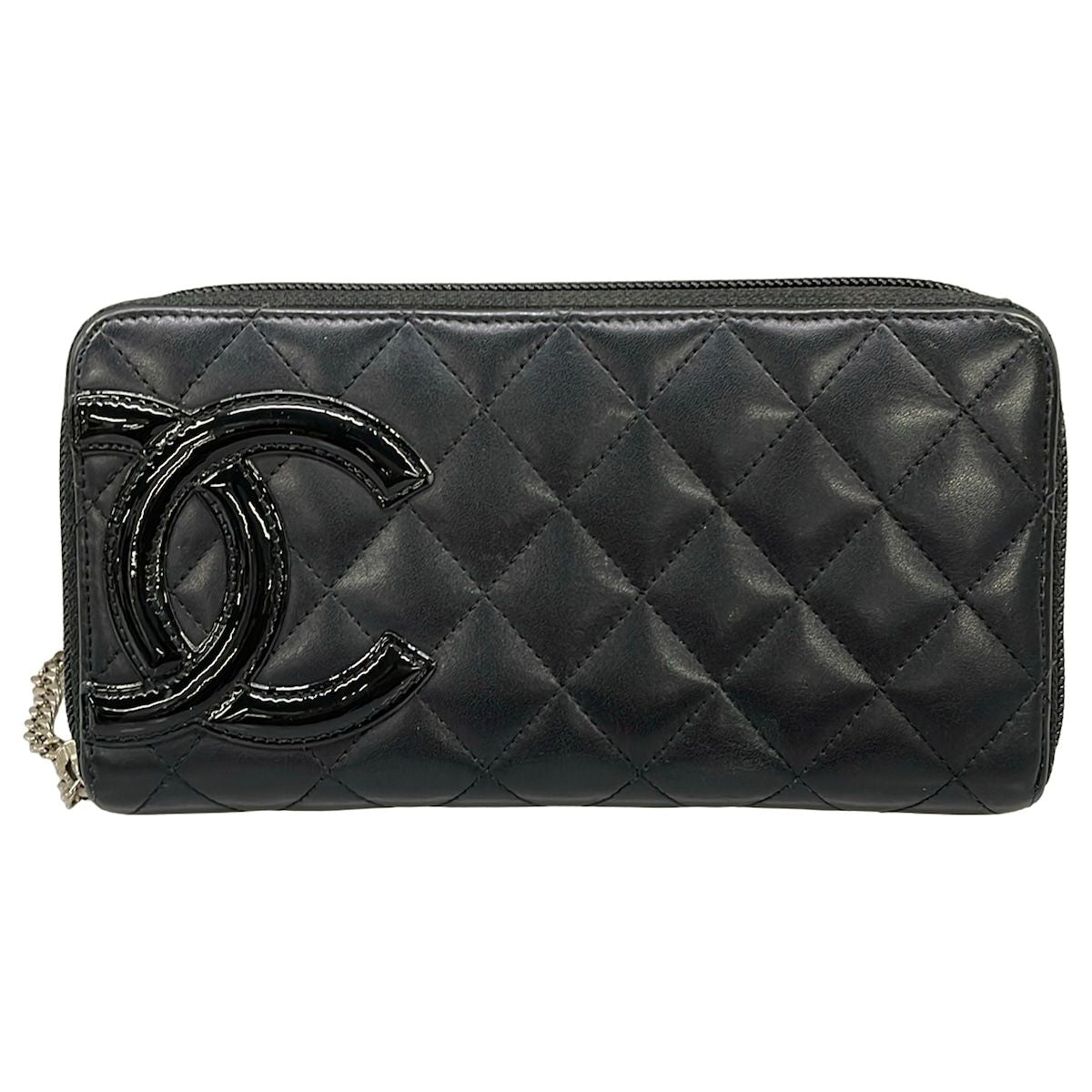 Chanel Wallet Cambon Line Black Silver Zip Around Leather Lambskin