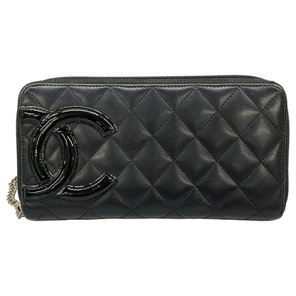 Chanel Wallet Cambon Line Black Silver Zip Around Leather Lambskin