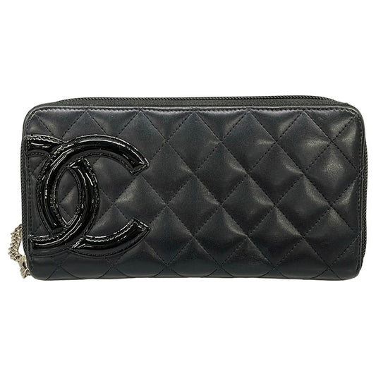 Chanel Wallet Cambon Line Black Silver Zip Around Leather Lambskin