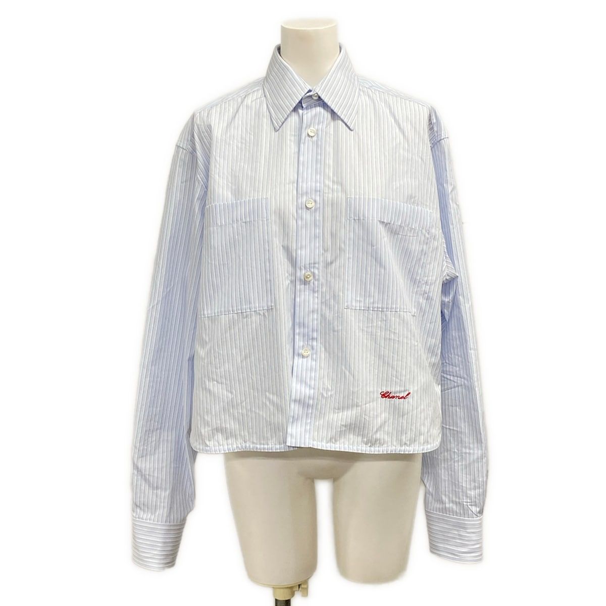 Chanel Long Sleeve Shirt Blouse 38 M White Light Blue Dark Navy Cotton