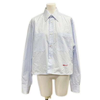 Chanel Long Sleeve Shirt Blouse 38 M White Light Blue Dark Navy Cotton