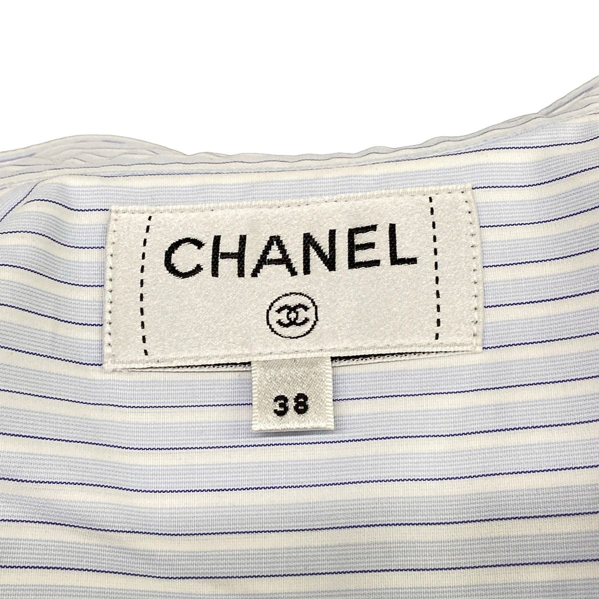 Chanel Long Sleeve Shirt Blouse 38 M White Light Blue Dark Navy Cotton — view 3