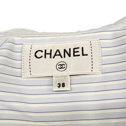 Chanel Long Sleeve Shirt Blouse 38 M White Light Blue Dark Navy Cotton — view 3