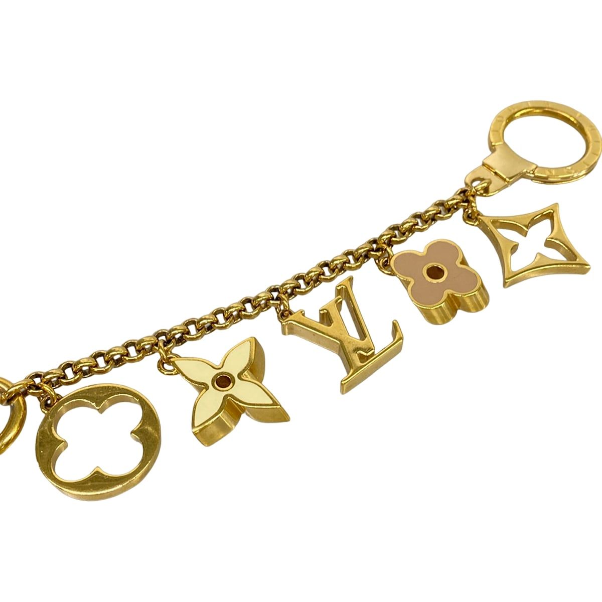 Louis Vuitton Key Holder Bag Charm Chain Fleur de Monogram Gold Ivory Pink Beige — view 5