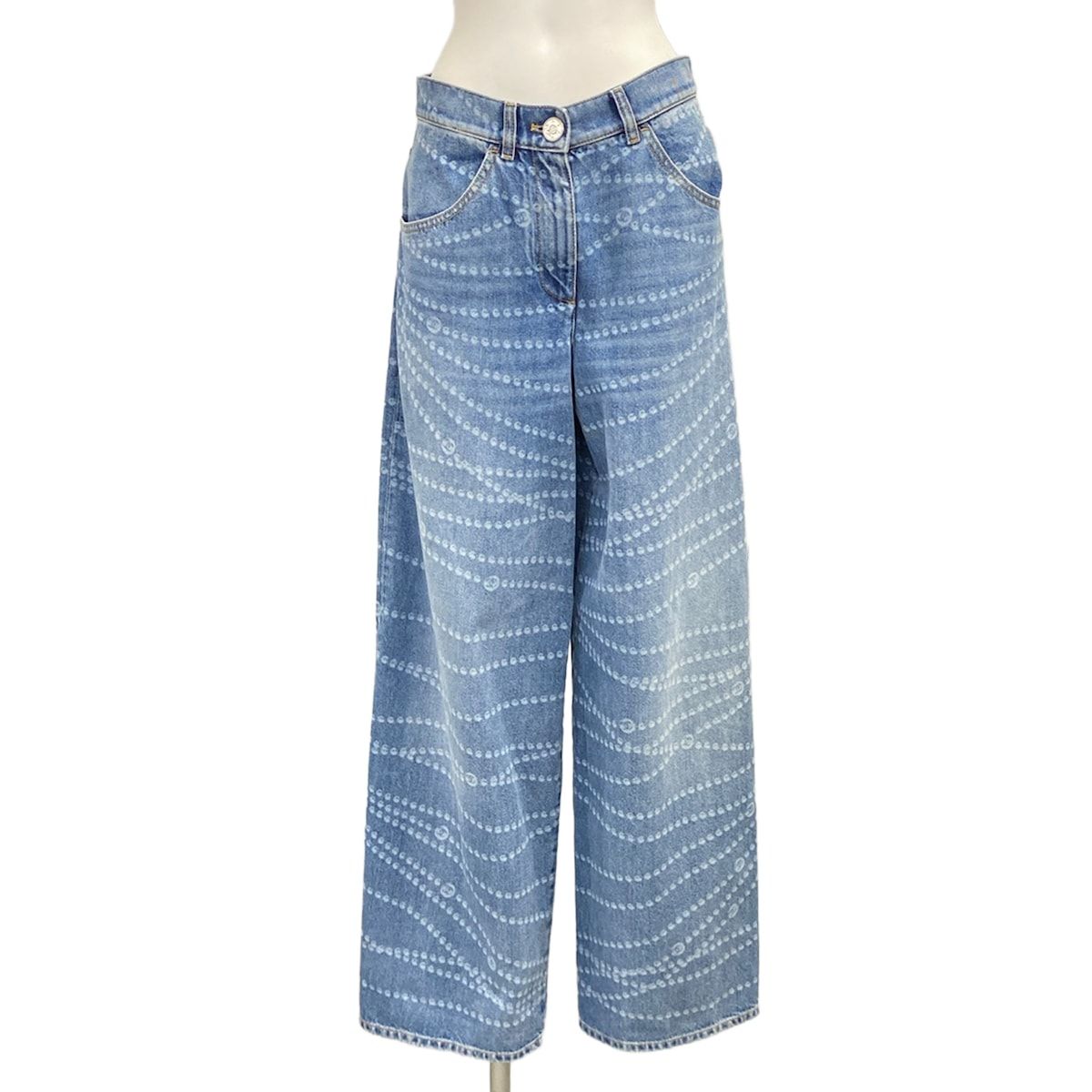 Chanel Jeans 36 S Light Blue Full Length Pearl CC Logo Wide Cotton
