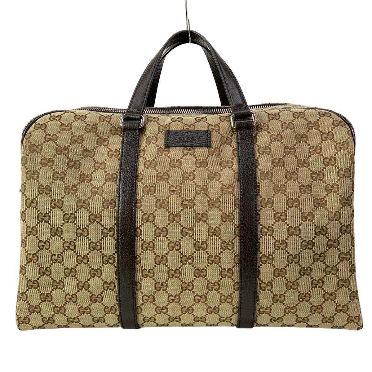 Gucci Boston Bag GG Pattern Beige Dark Brown Leather