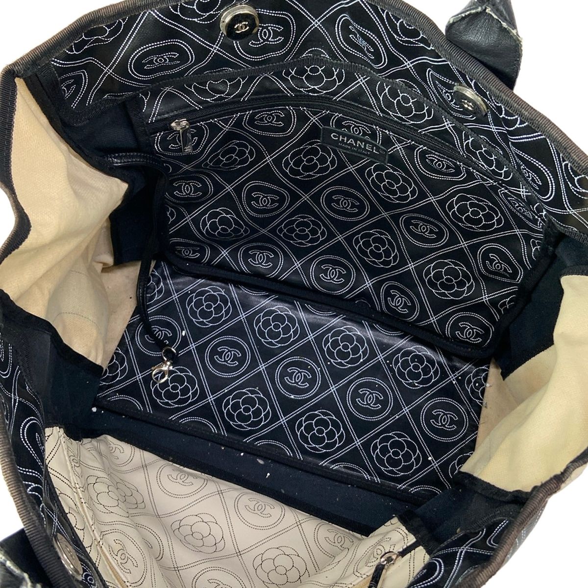 Chanel Tote Large Shopping Black Ivory 2-Way Chain Shoulder Silver Leather — view 7