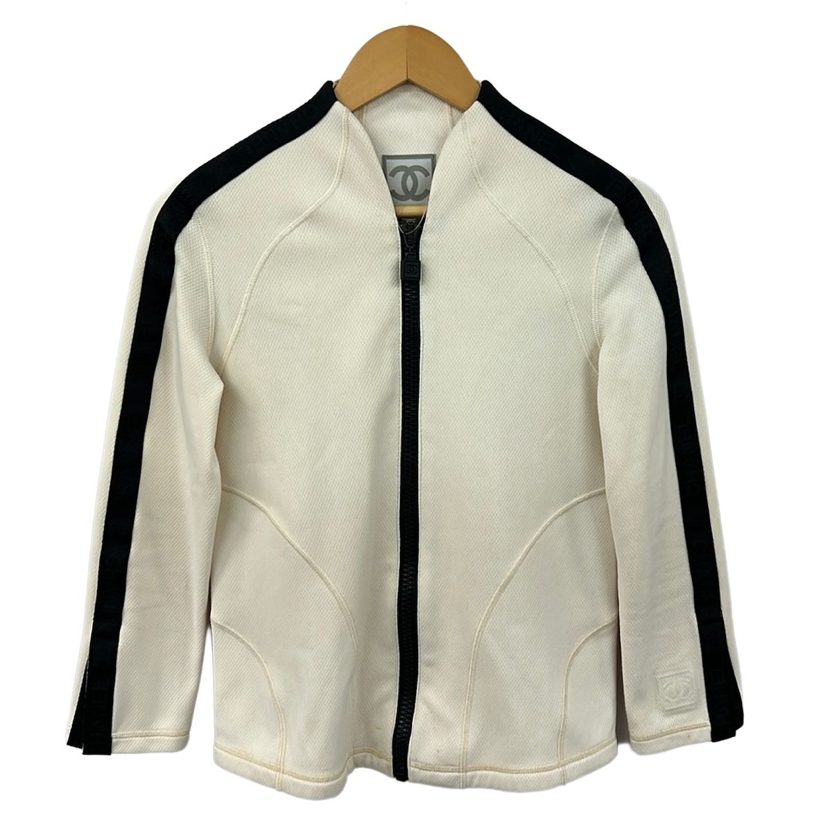 Chanel Jacket 38 M Ivory Black Zip Up Sports Line