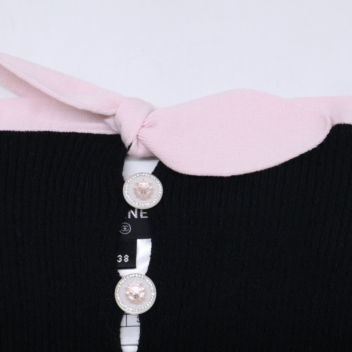 Chanel Rhinestone CC Logo & Lion Button Bow Cotton Rib Knit Sleeveless Camisole — view 7