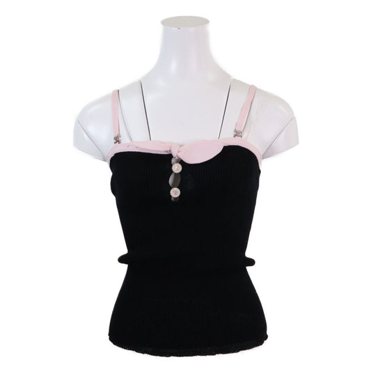 Chanel Rhinestone CC Logo & Lion Button Bow Cotton Rib Knit Sleeveless Camisole