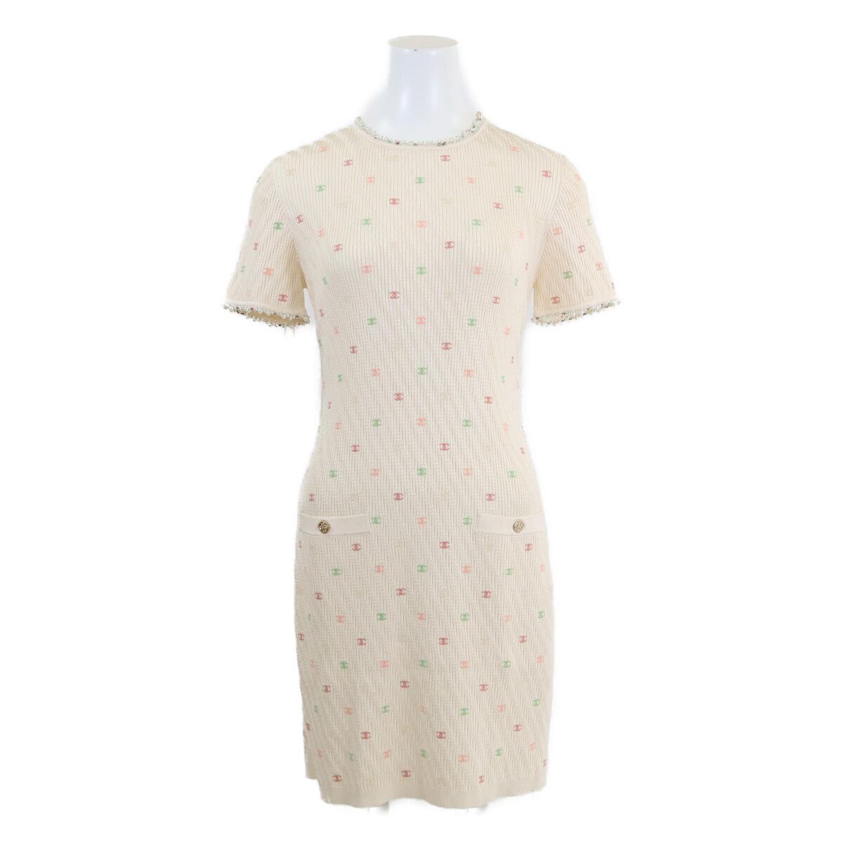 Chanel CC Logo Pearl Biju Silk Knit Dress 36