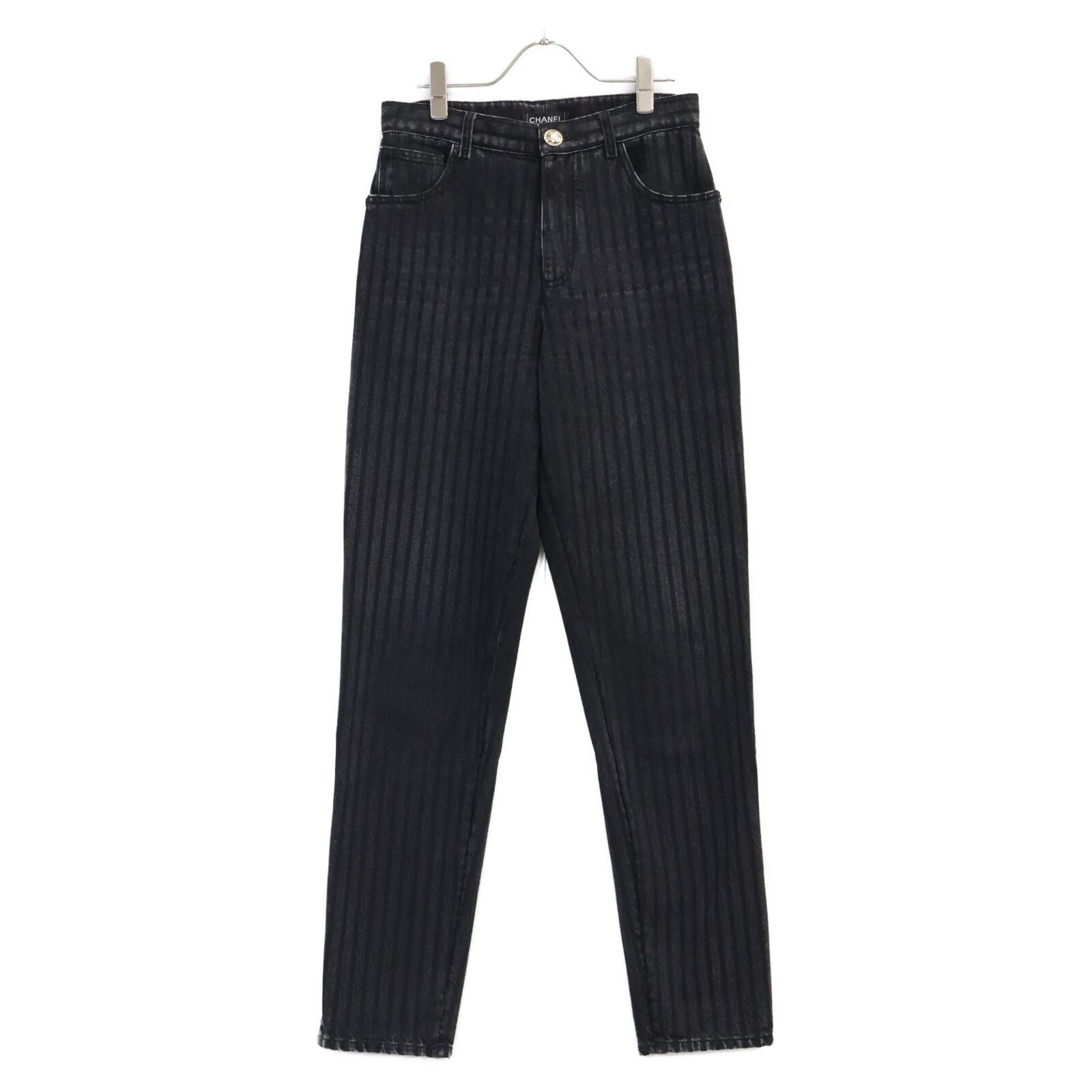 Chanel 20k Striped CC Logo Button Denim Pants 36