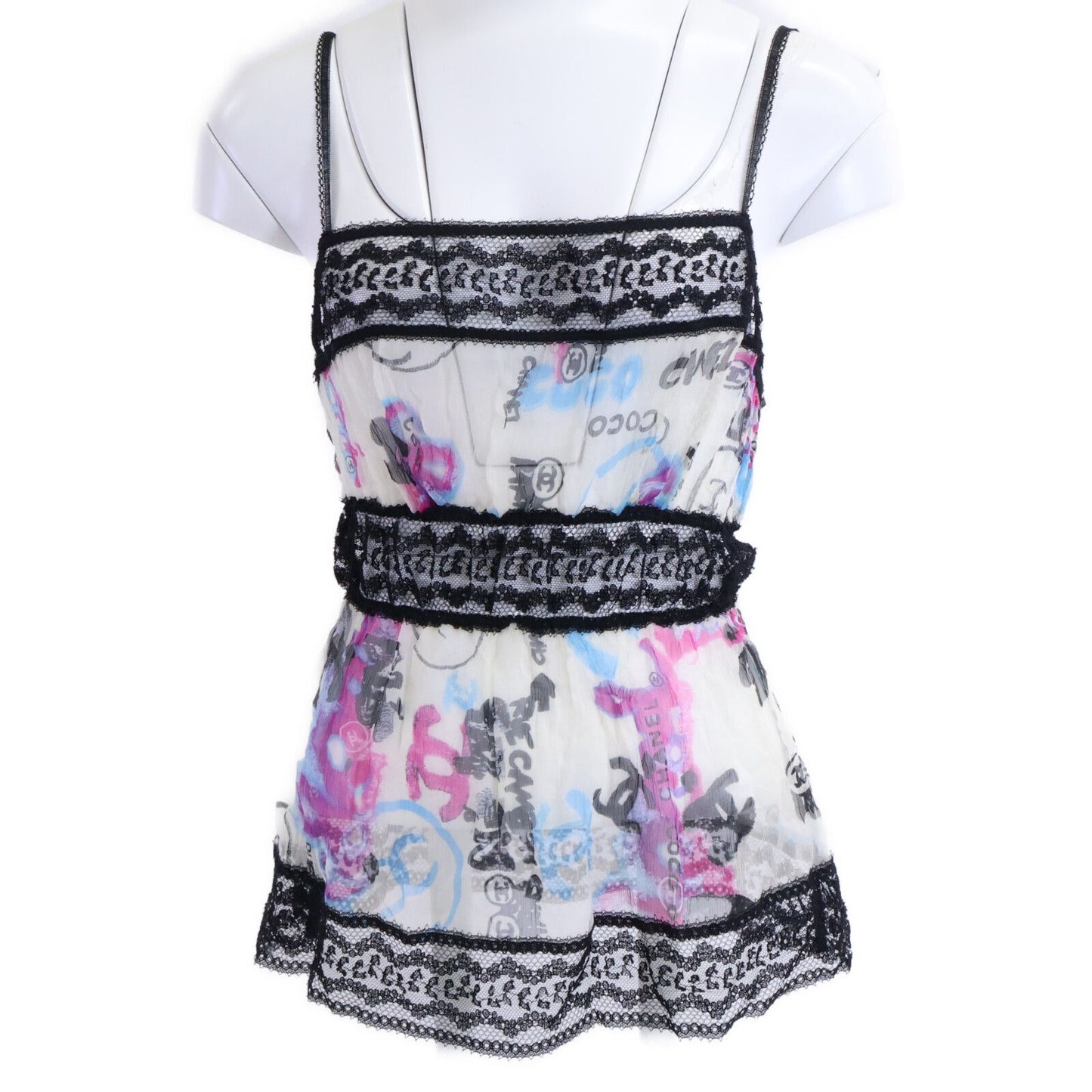 Chanel 07c Silk Graffiti CC Logo Lace Trim Camisole 38