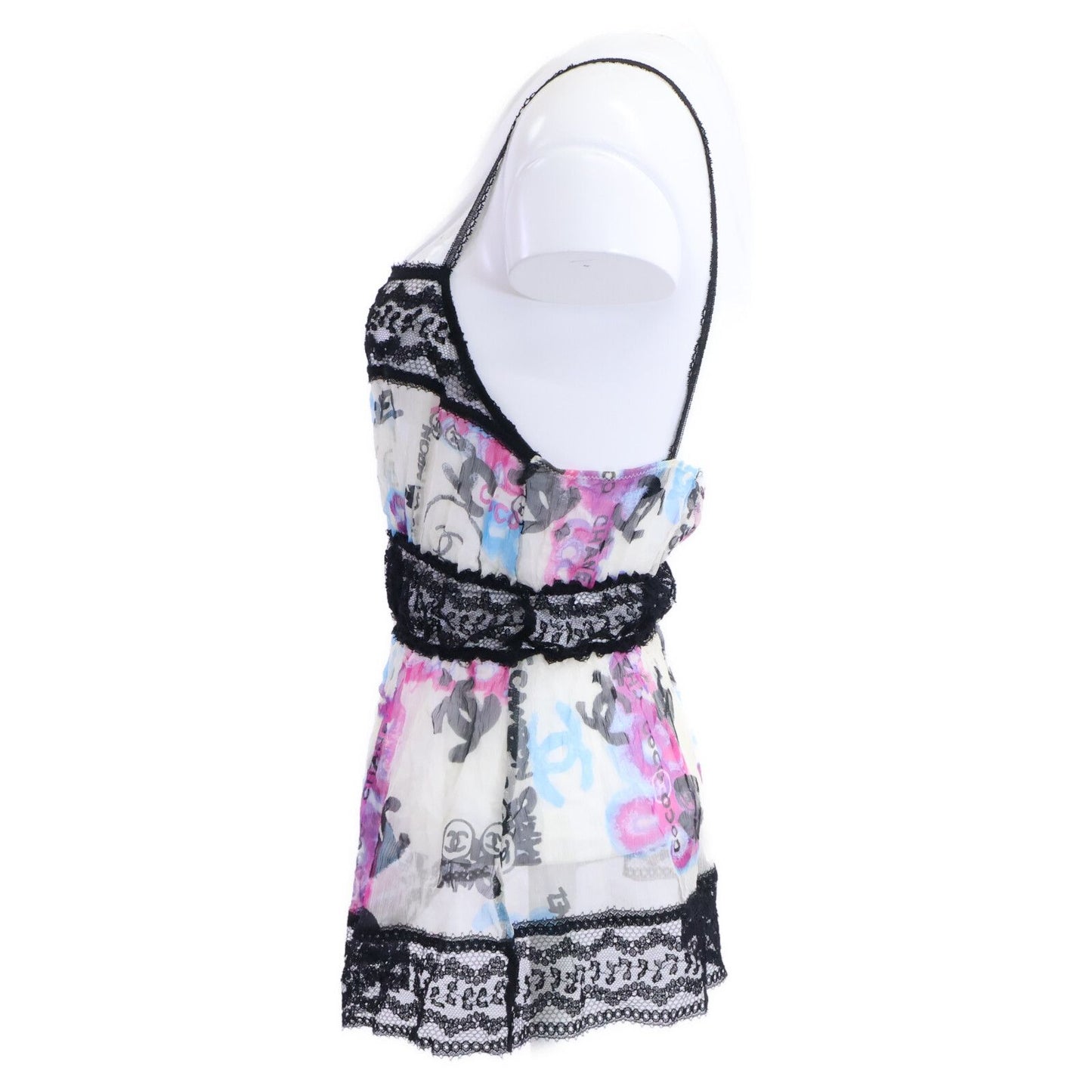 Chanel 07c Silk Graffiti CC Logo Lace Trim Camisole 38 — view 2