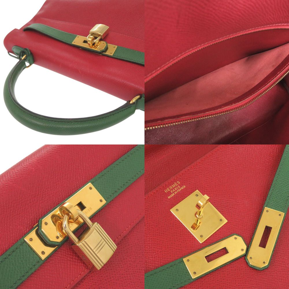 Hermes Kelly 32 Retourne Bicolor Courchevel Rouge Vif Vert Gold Handbag — view 6