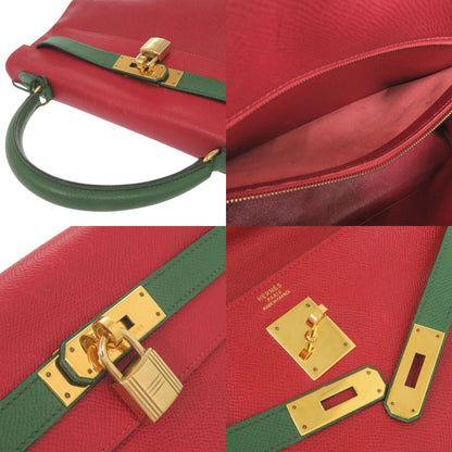 Hermes Kelly 32 Retourne Bicolor Courchevel Rouge Vif Vert Gold Handbag — view 6