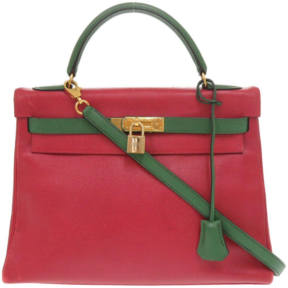 Hermes Kelly 32 Retourne Bicolor Courchevel Rouge Vif Vert Gold Handbag