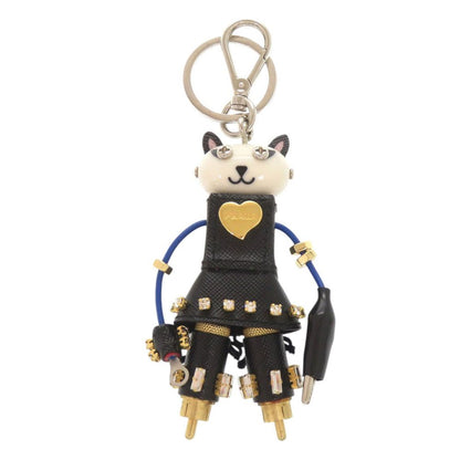 Prada Cat Robot Saffiano Leather Metal Black White Key Holder Charm