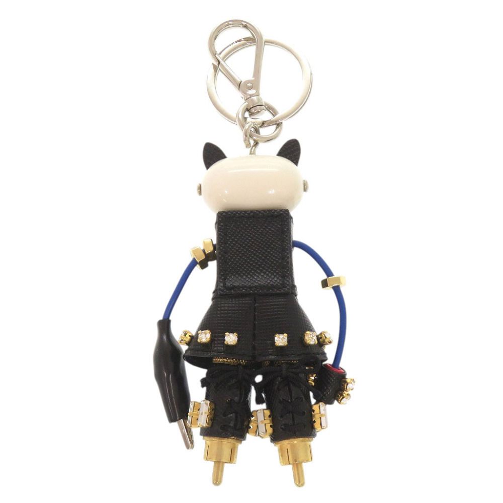 Prada Cat Robot Saffiano Leather Metal Black White Key Holder Charm — view 2
