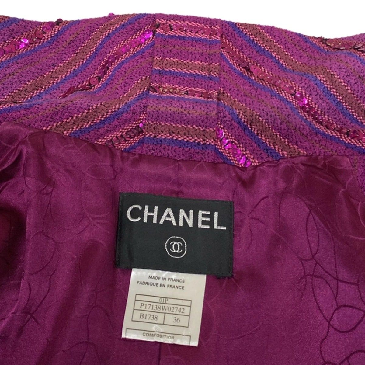 Chanel Jacket 36 S Purple Tweed Sequin Border Coco Button Cotton — view 7