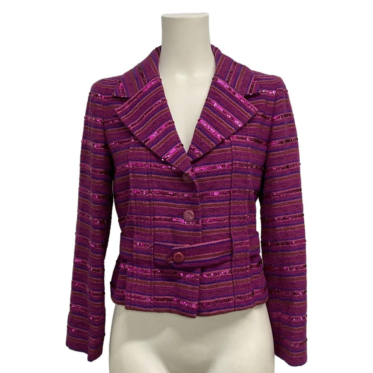Chanel Jacket 36 S Purple Tweed Sequin Border Coco Button Cotton