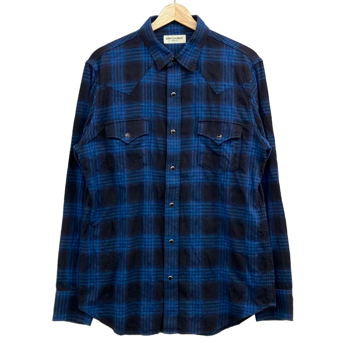 Saint Laurent Paris Long Sleeve Shirt XL Blue Dark Navy Plaid Pattern