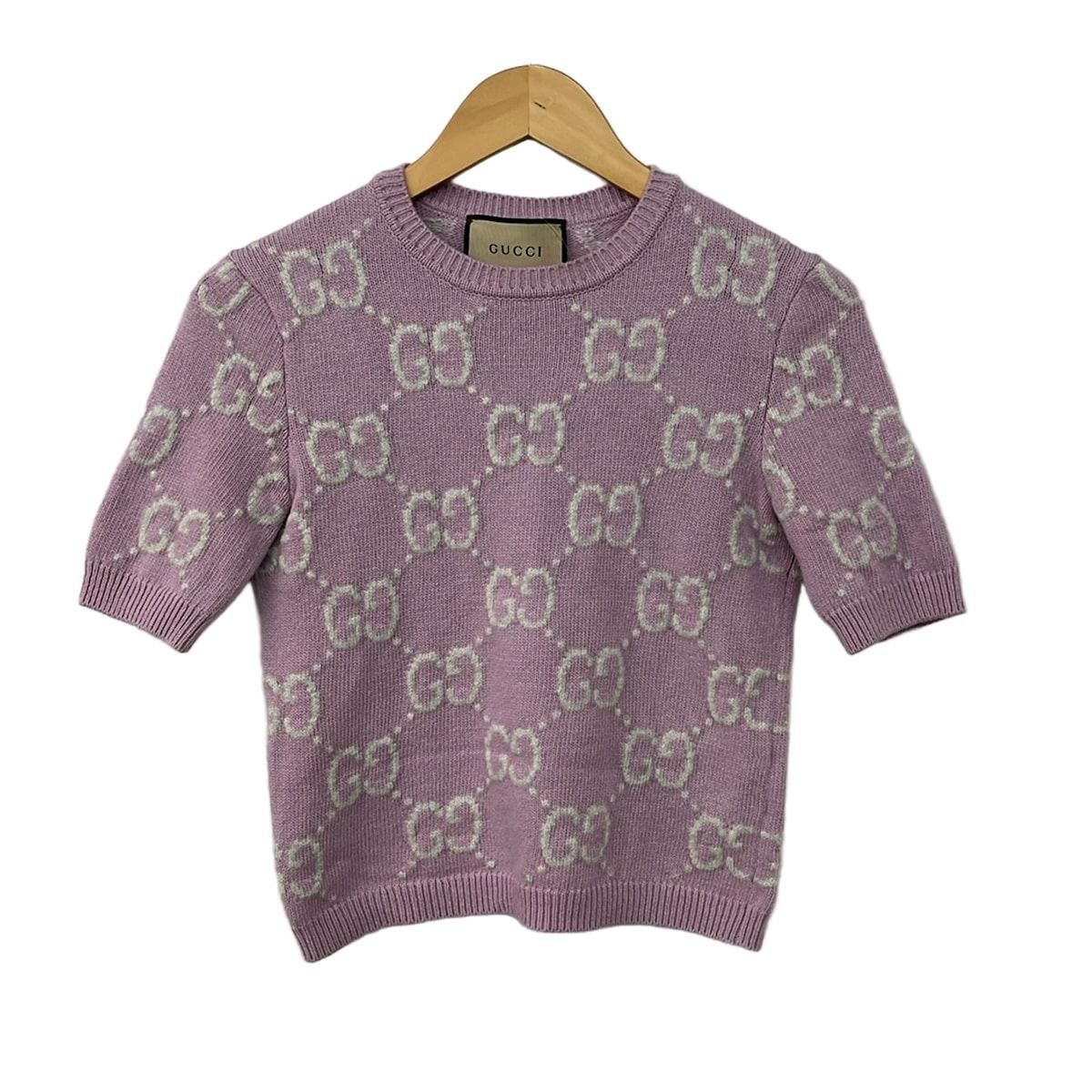 Gucci Short Sleeve Sweater XS Light Pink Crew Neck GG Pattern