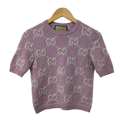 Gucci Short Sleeve Sweater XS Light Pink Crew Neck GG Pattern