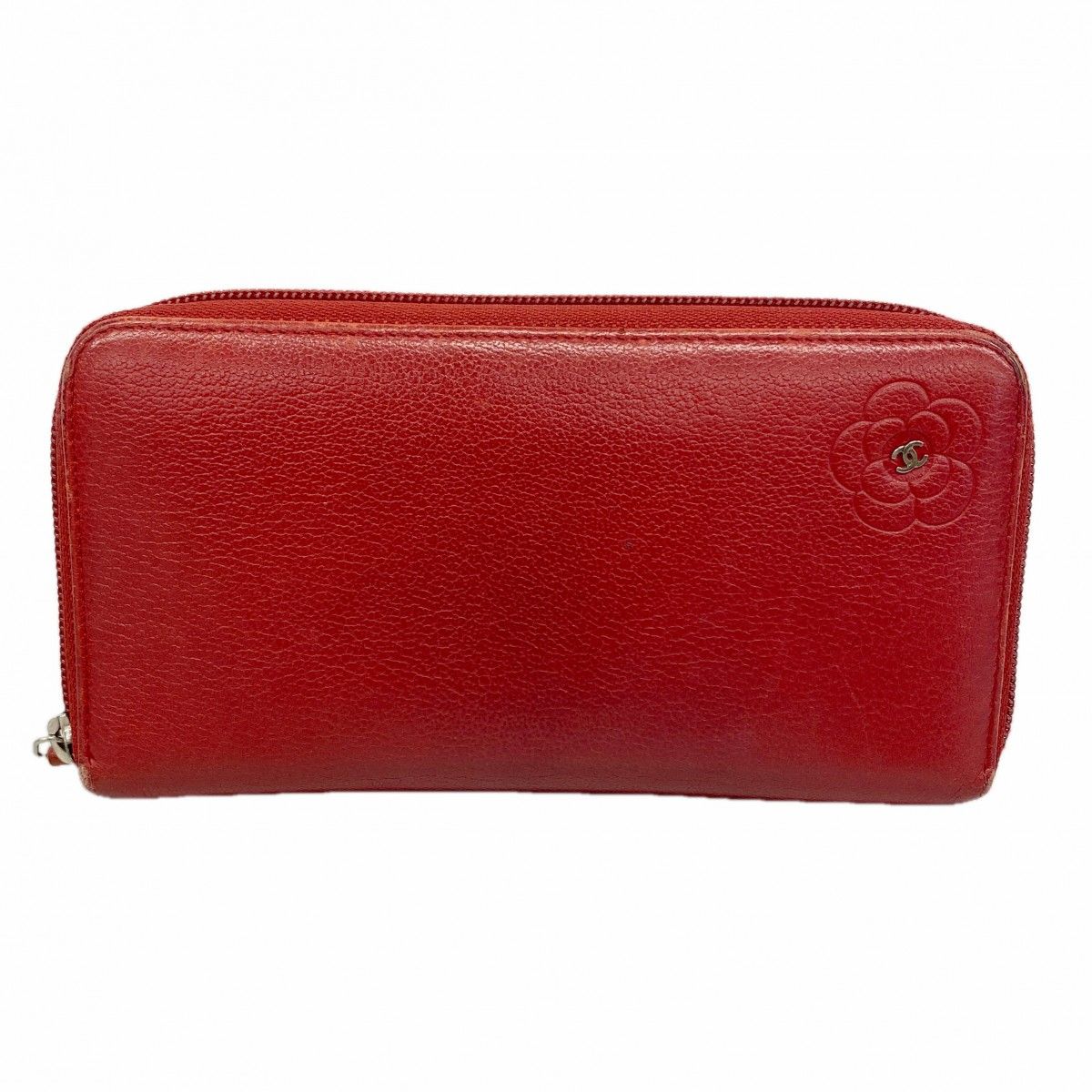 Chanel Wallet Camellia Leather Red Silver