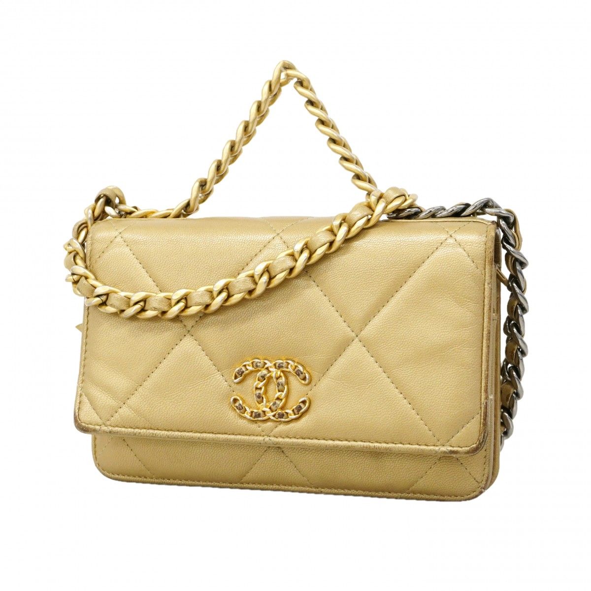 Chanel Shoulder Wallet 19 Lambskin Brown Gold Silver
