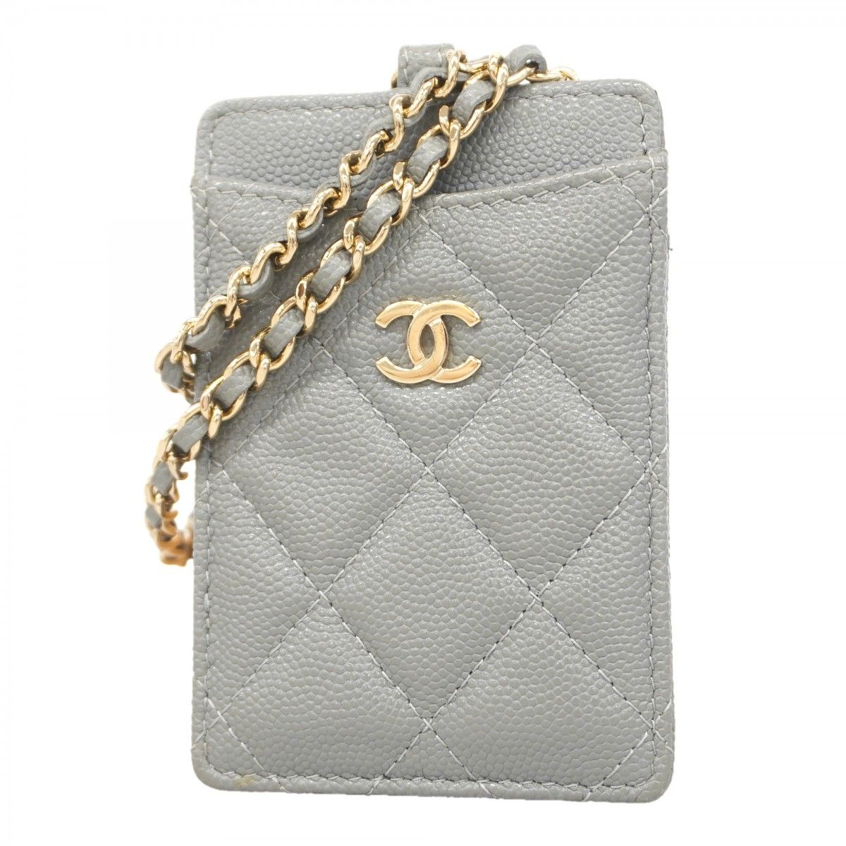 Chanel Card Case Quilted Caviar Leather Gray Champagne Gold