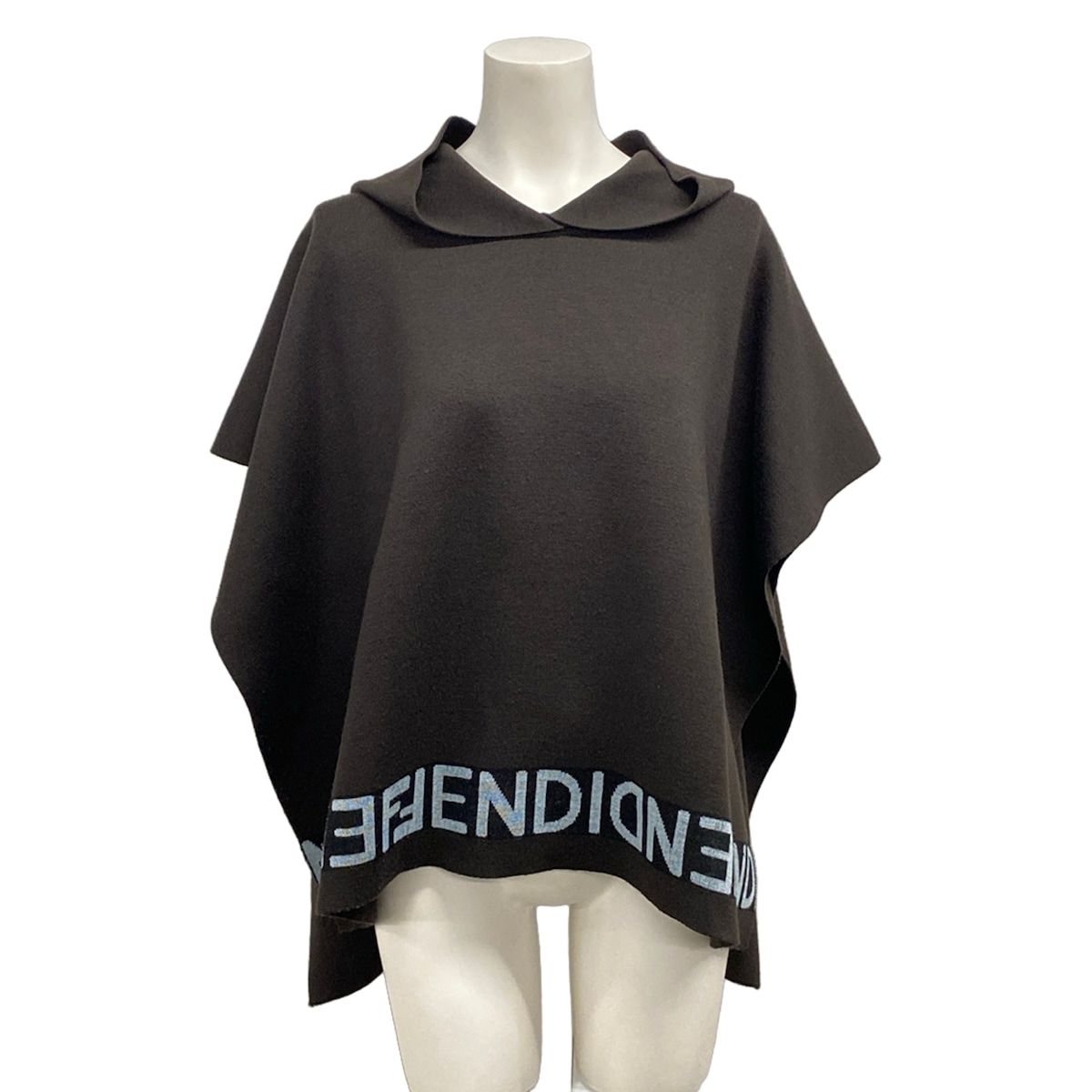 Fendi Poncho TU Dark Brown Light Blue Black Knit Hooded Logo Wool