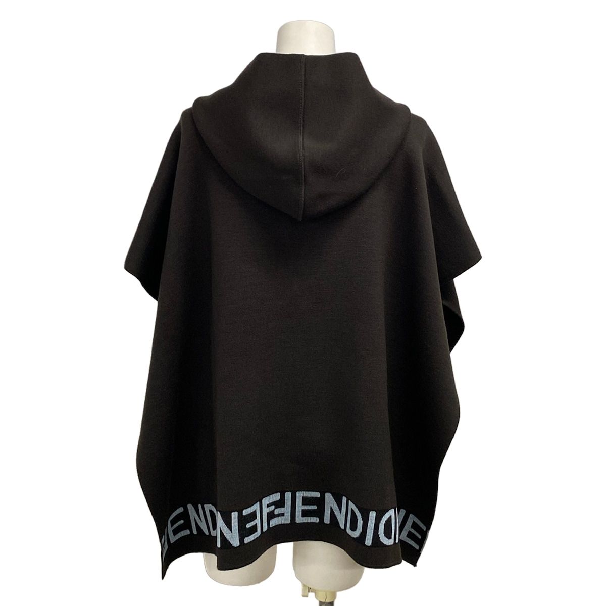 Fendi Poncho TU Dark Brown Light Blue Black Knit Hooded Logo Wool — view 2