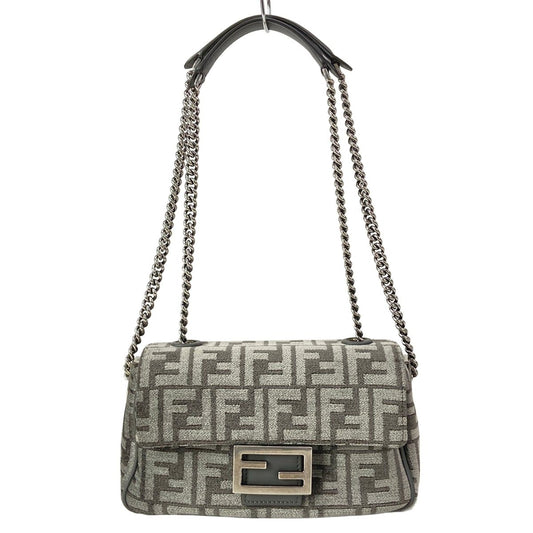 Fendi Shoulder Bag Baguette Chain Midi Dark Gray Cotton Leather