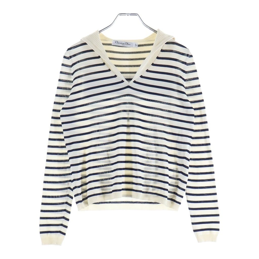 Dior Logo Stripe Silk Cotton Knit Long Sleeve Knit 34 White Navy Sweater — view 2