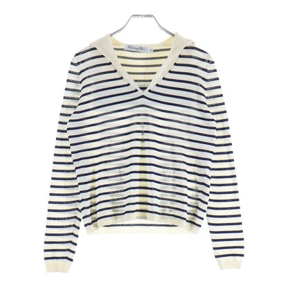 Dior Logo Stripe Silk Cotton Knit Long Sleeve Knit 34 White Navy Sweater — view 2