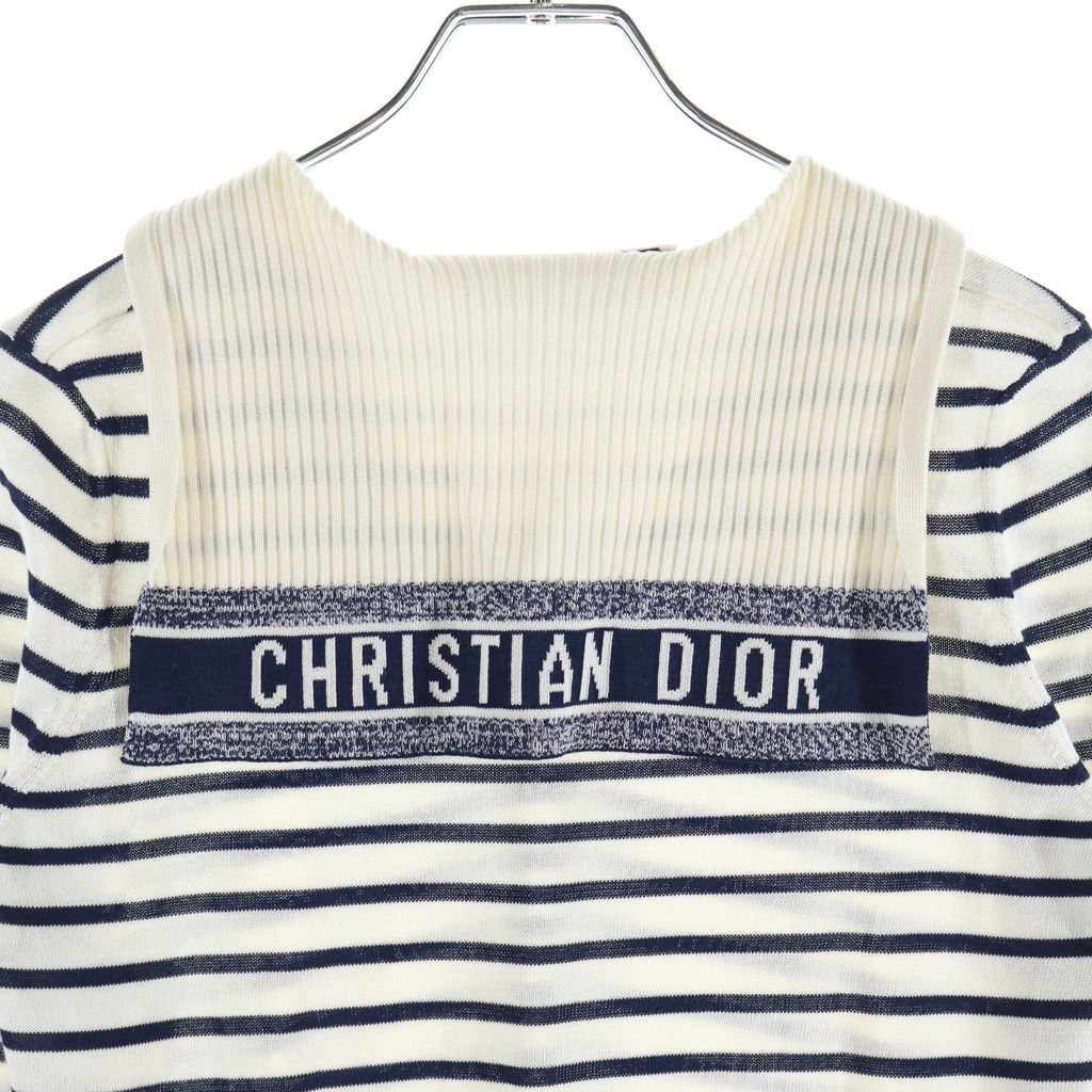 Dior Logo Stripe Silk Cotton Knit Long Sleeve Knit 34 White Navy Sweater — view 4
