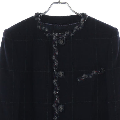 Chanel Tweed Piping Color Check Coat Jacket Navy nssize — view 3