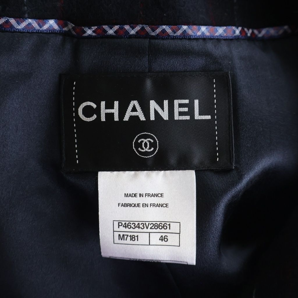 Chanel Tweed Piping Color Check Coat Jacket Navy nssize — view 7