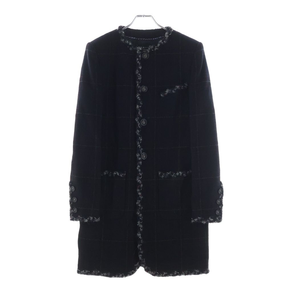 Chanel Tweed Piping Color Check Coat Jacket Navy nssize