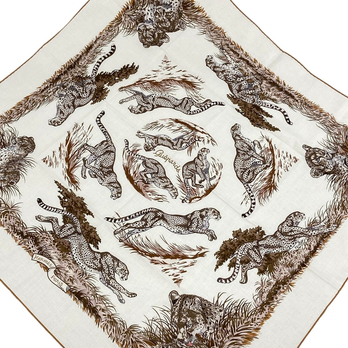 Hermes Scarf Carre 80 White Dark Brown Multi Guepards Cheetah
