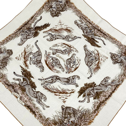 Hermes Scarf Carre 80 White Dark Brown Multi Guepards Cheetah